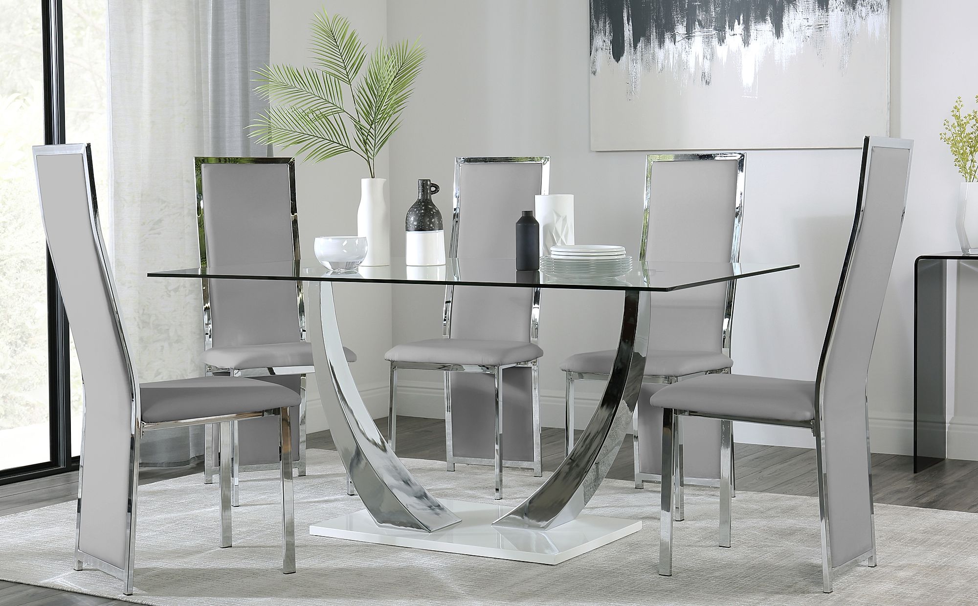 Peake Glass And Chrome Dining Table White Gloss Base With Celeste