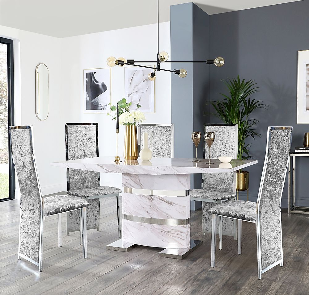 Komoro Grey Marble And Chrome Dining Table With 4 Celeste Silver