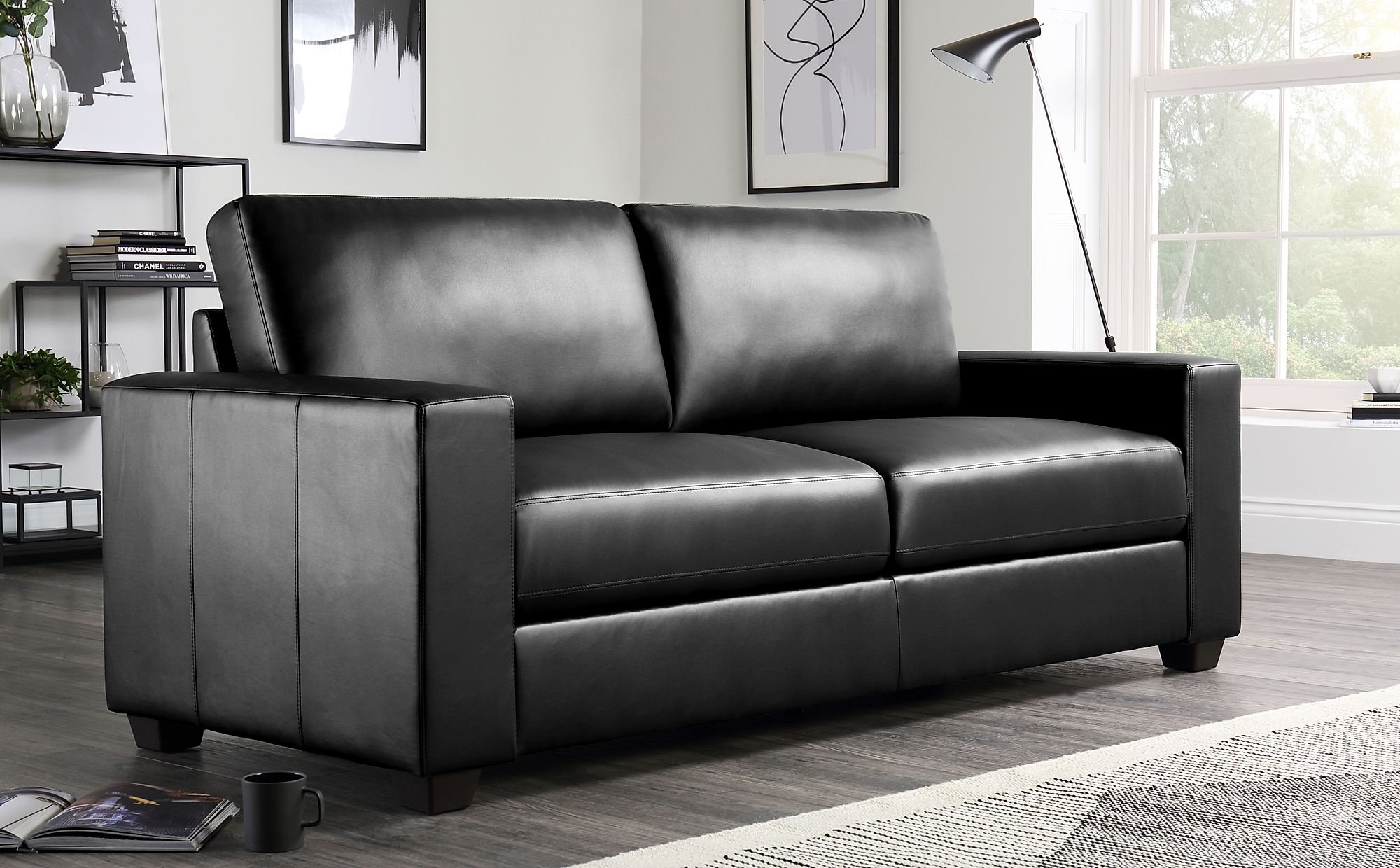 3 2 seater black leather sofa