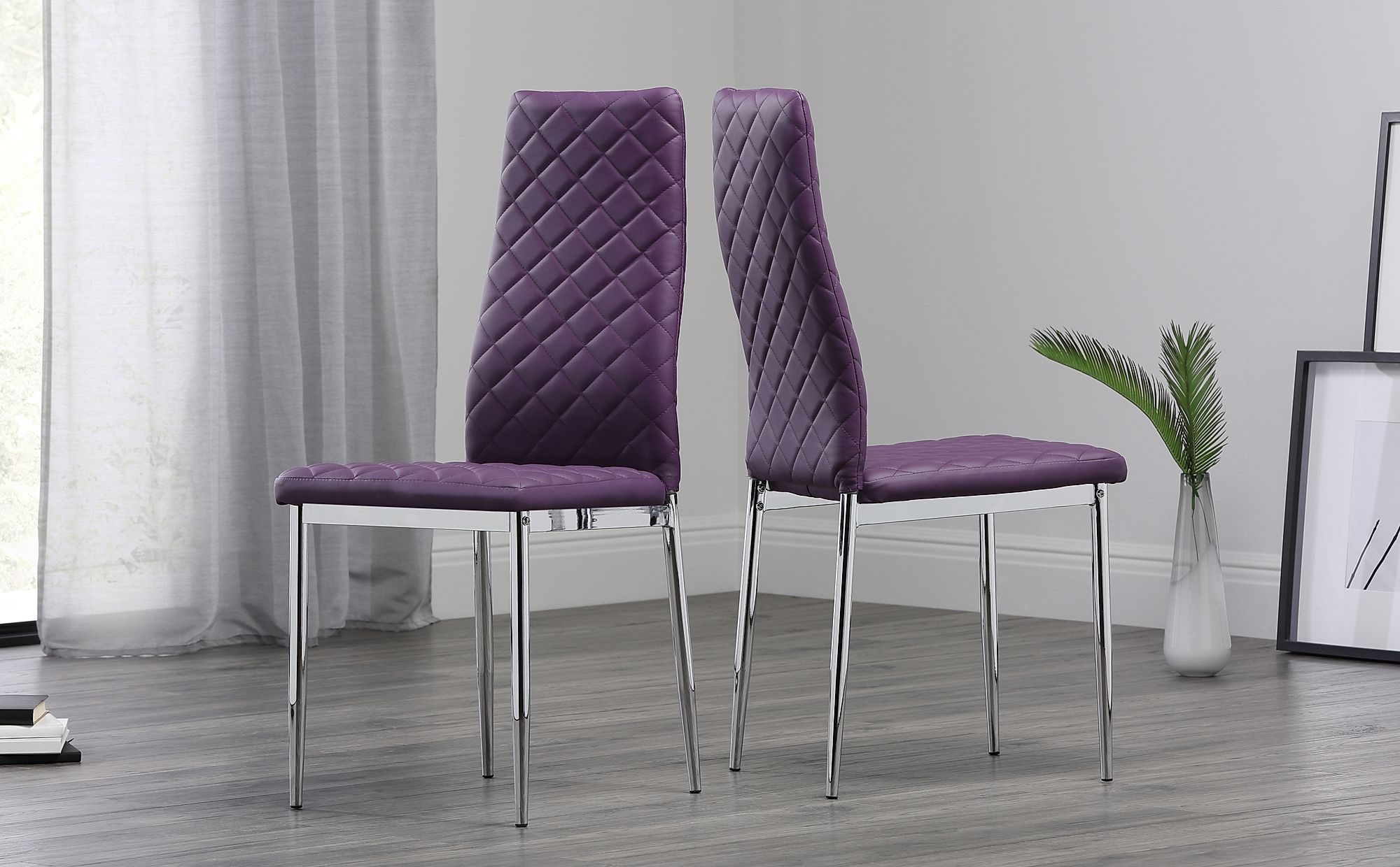 Renzo Purple Leather Dining Chair Chrome Leg | Furniture Choice
