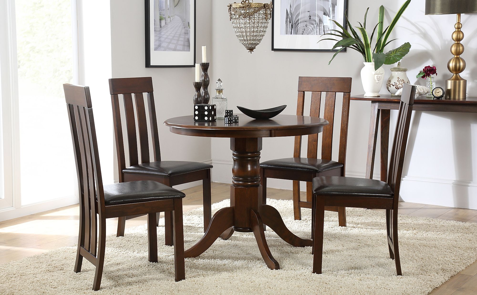 Kingston Round Dark Wood Dining Table With 4 Chester Chairs Brown
