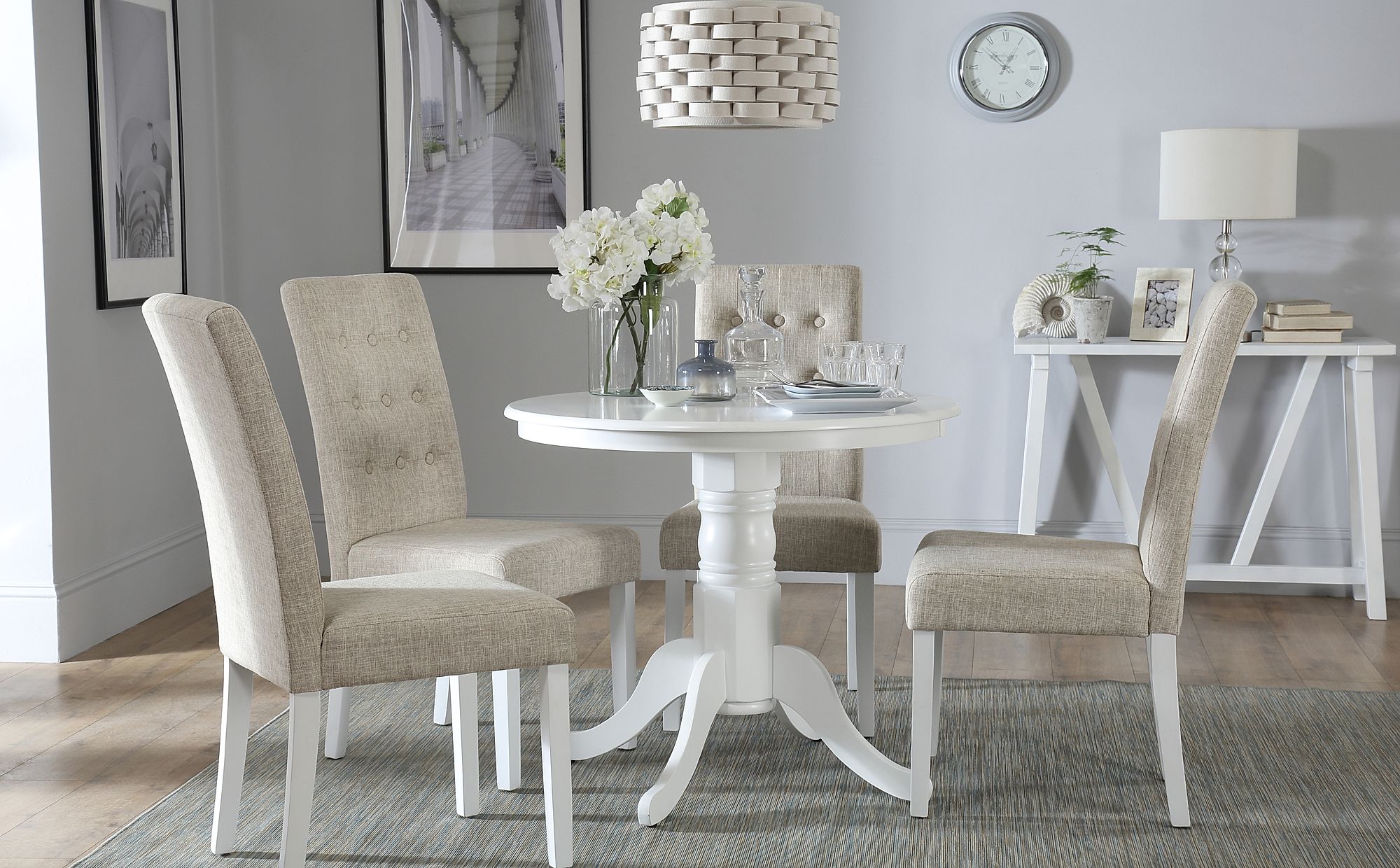 Kingston Round White Dining Table with 4 Regent Oatmeal ...