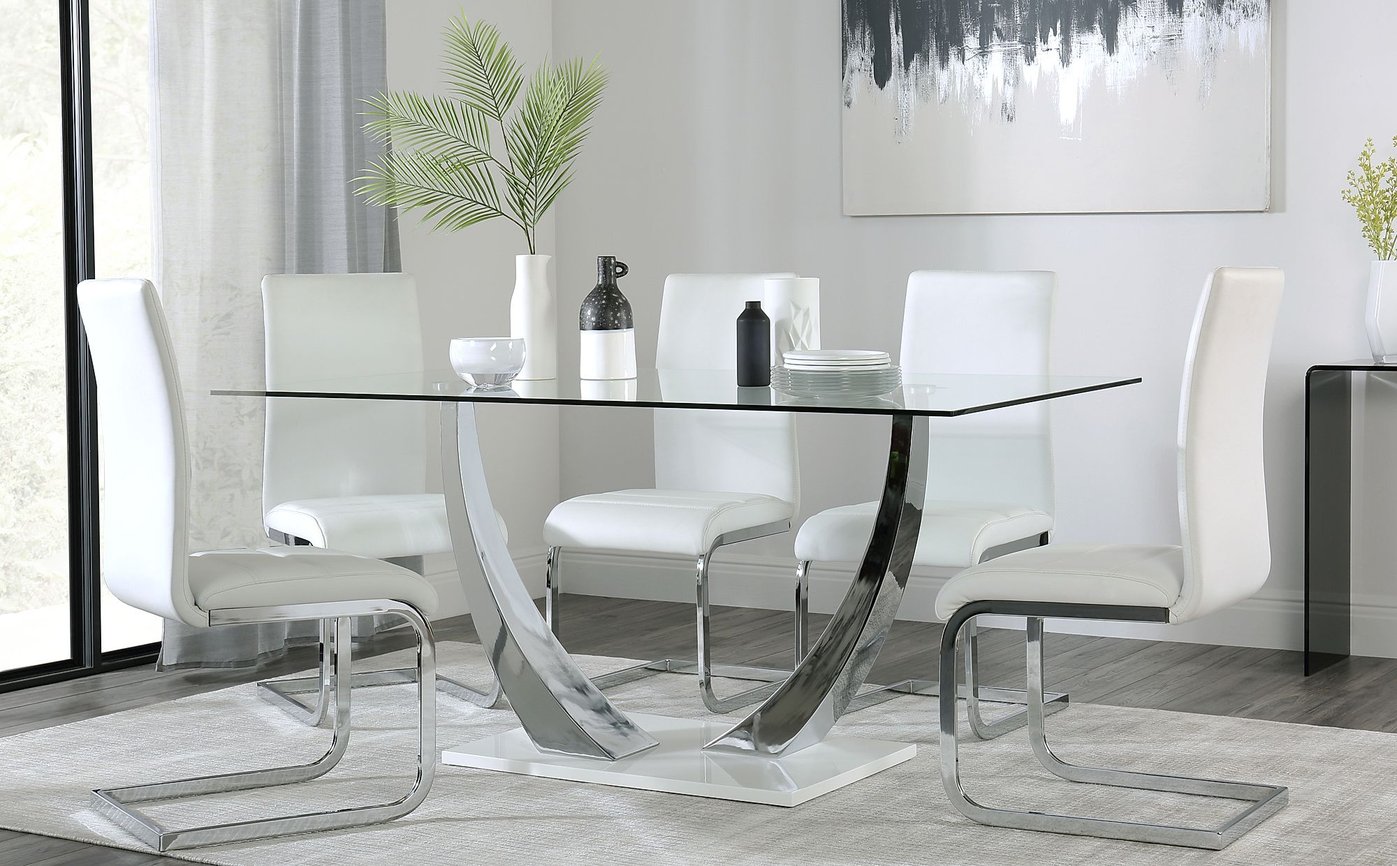 Glass Dining Room Table With White Leather Chairs