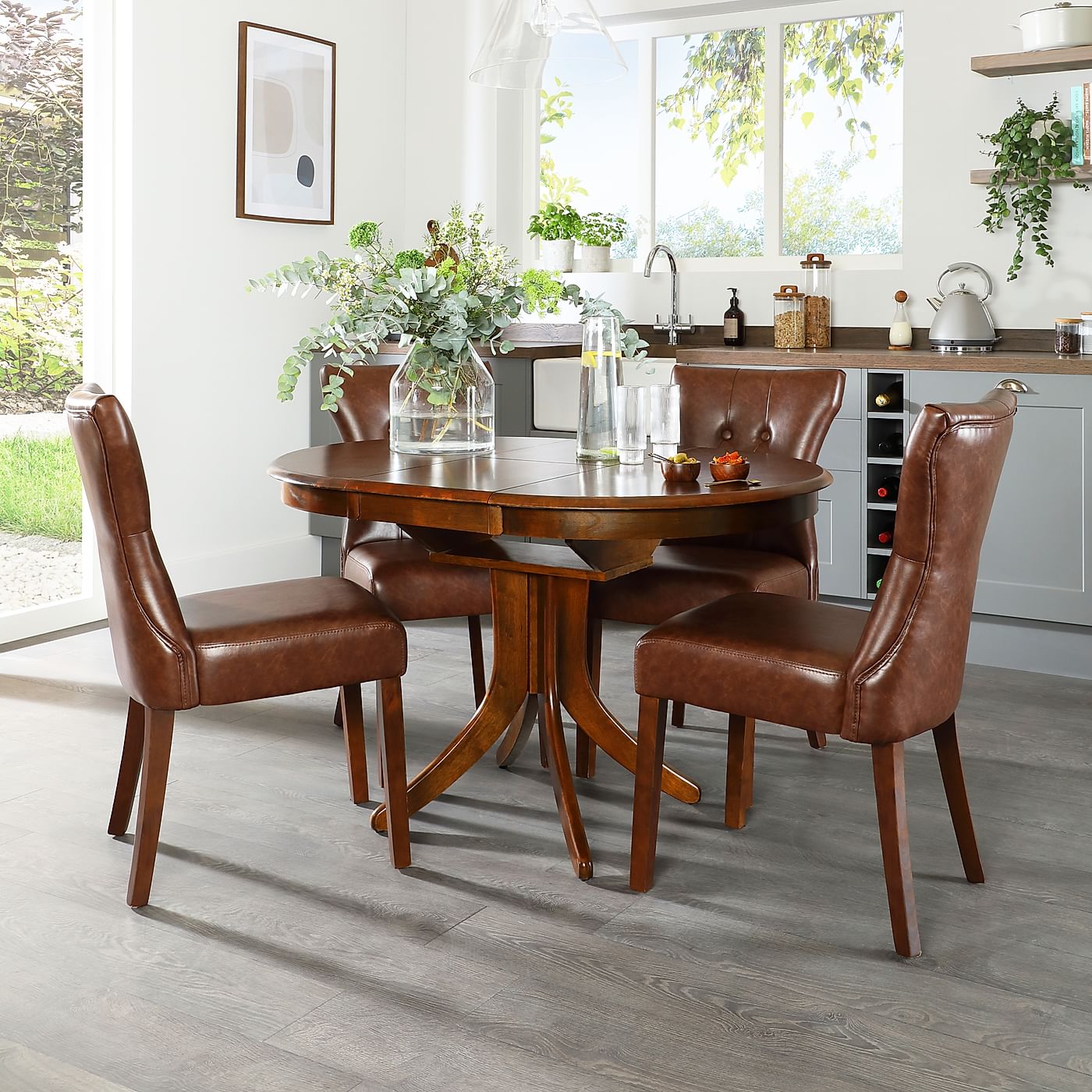 Hudson Round Dark Wood Extending Dining Table with 4 Bewley Club Brown