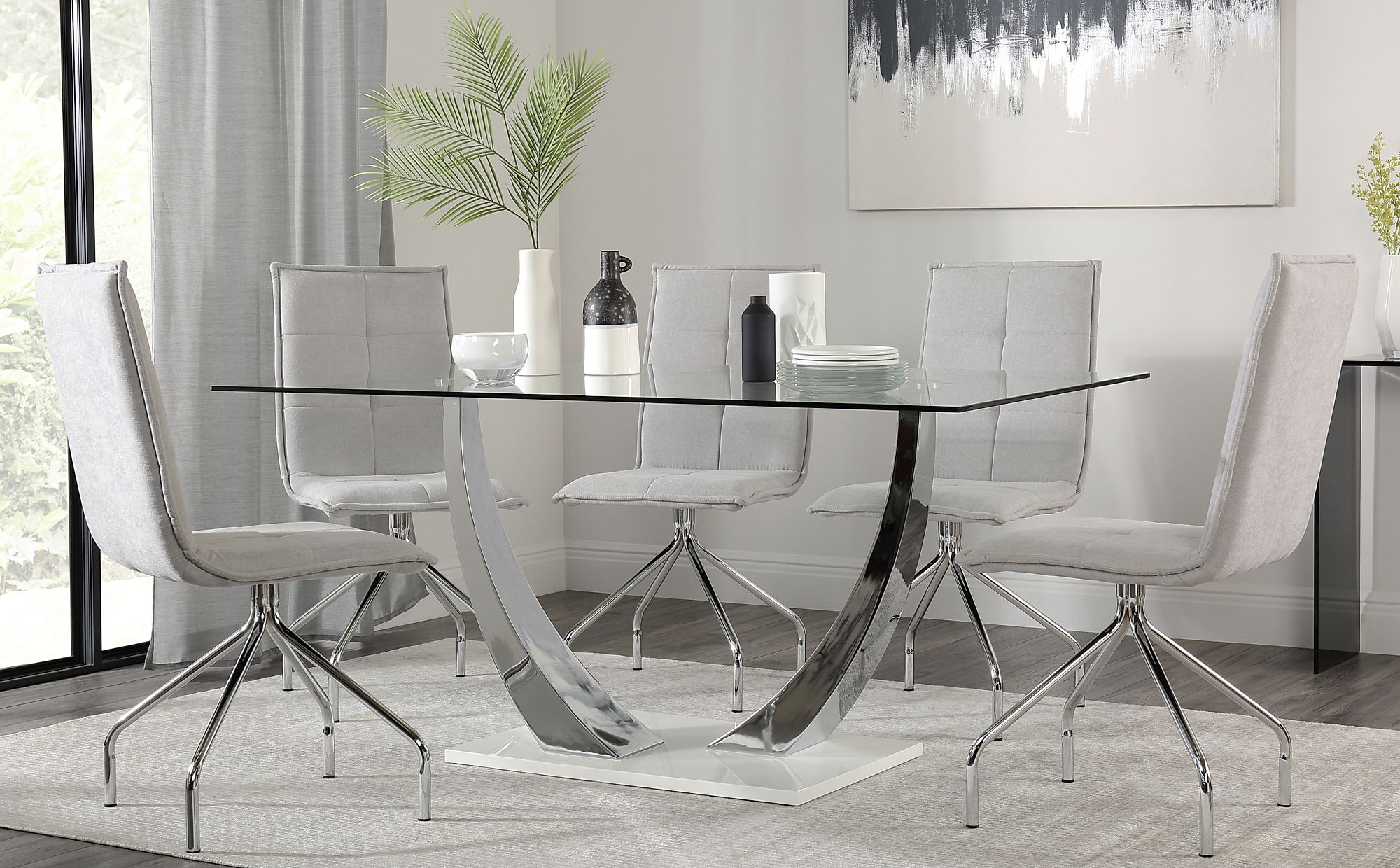 Peake Glass And Chrome Dining Table White Gloss Base With 4 Soho Dove