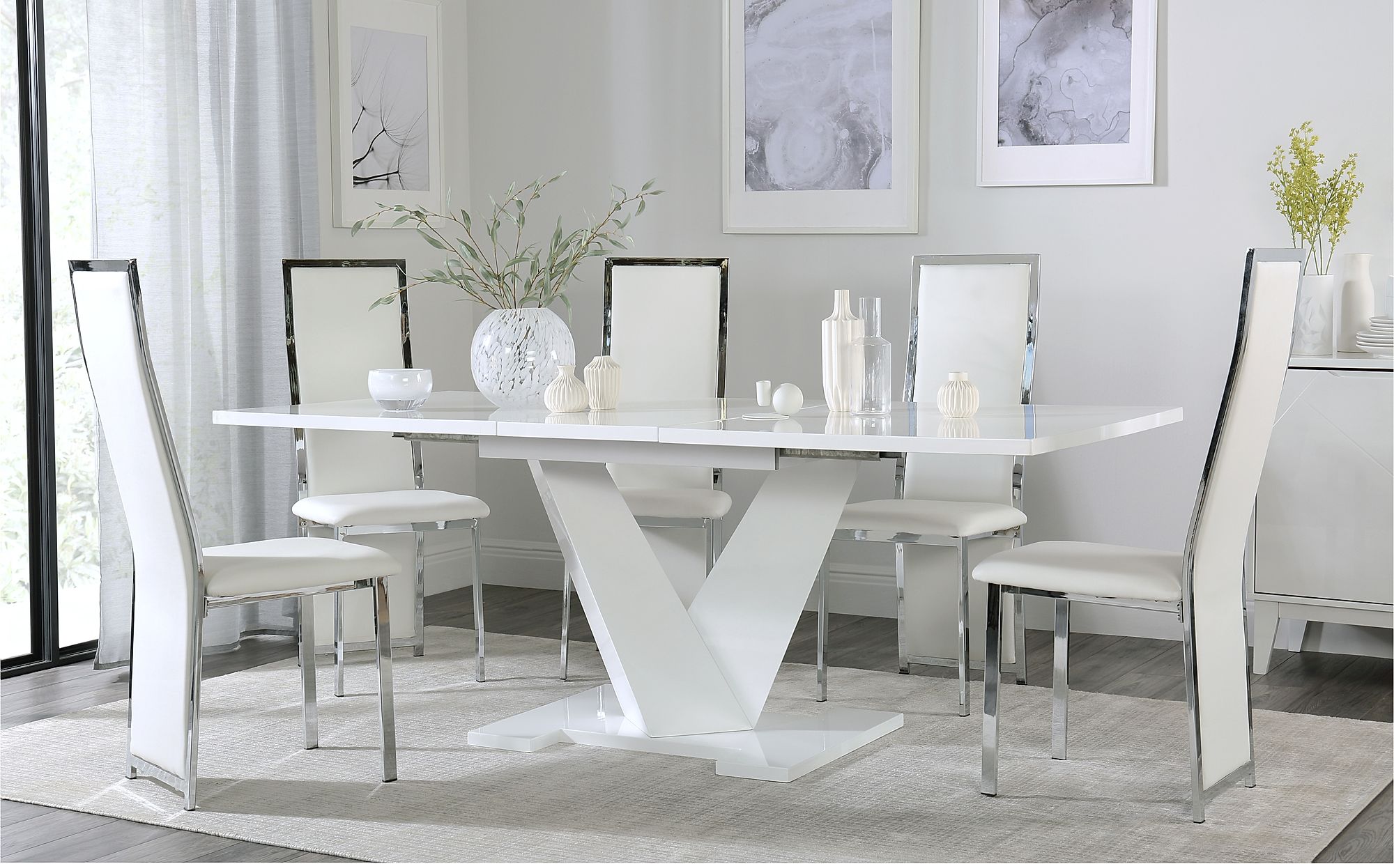 Turin White High Gloss Extending Dining Table with 6 Celeste White