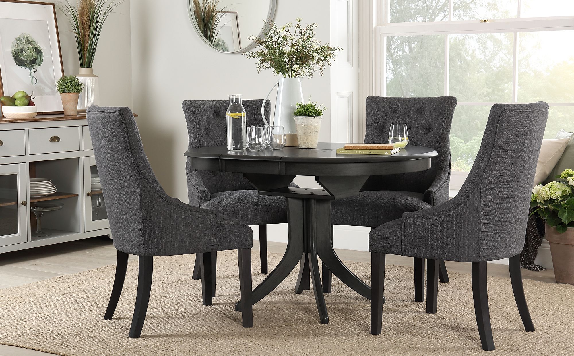 Hudson Round Grey Wood Extending Dining Table with 4 Duke Slate Fabric