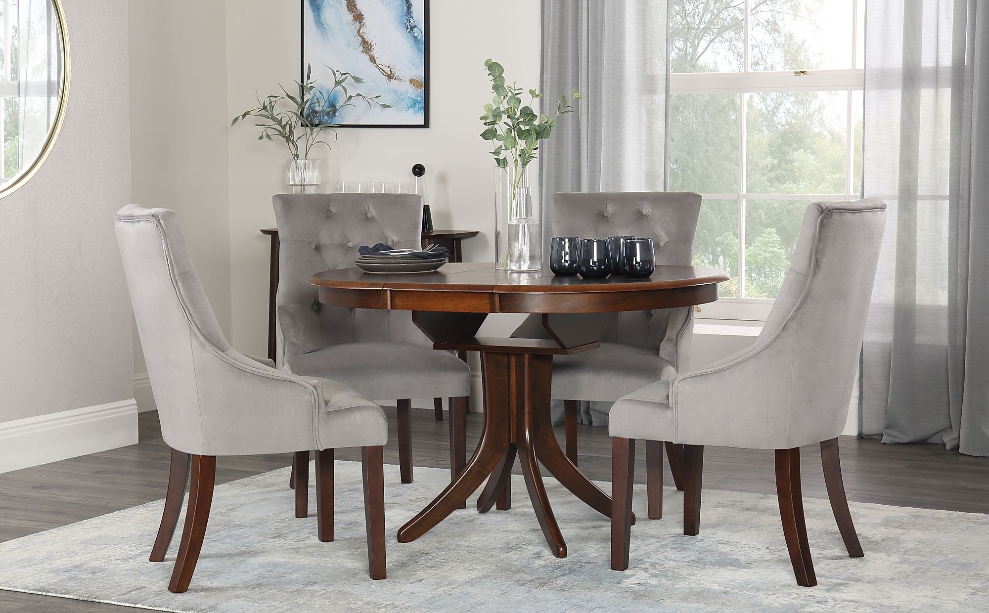 Hudson Round Dark Wood Extending Dining Table with 4 Duke Grey Velvet