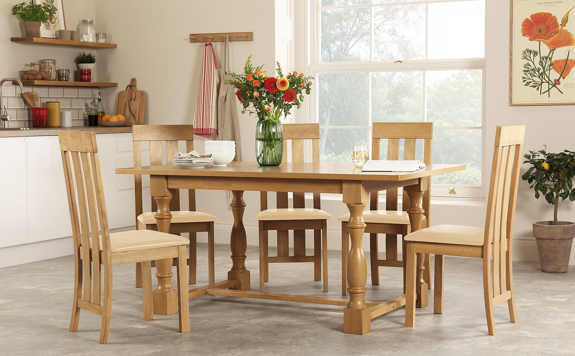 Devonshire Oak Dining Table with 6 Chester Chairs (Ivory Seat Pad ...