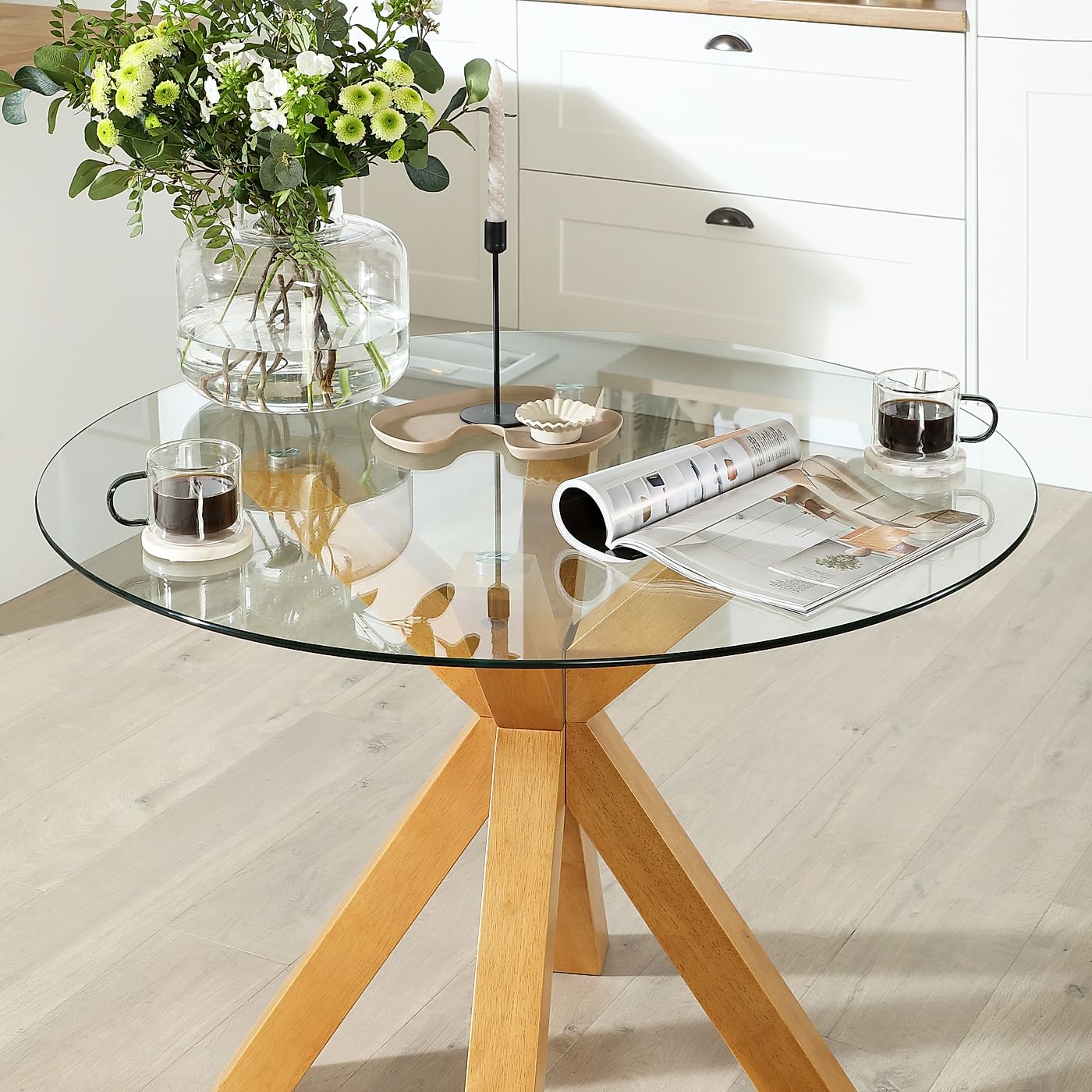 Hatton Round Oak and Glass Dining Table with 2 Bewley Grey ...