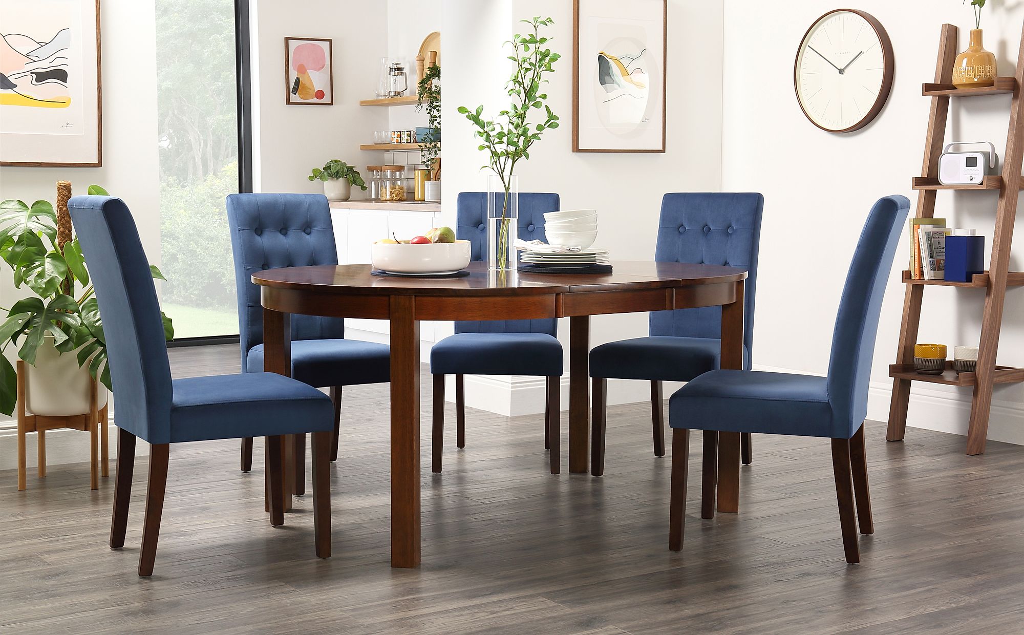 Marlborough Round Dark Wood Extending Dining Table with 6 Regent Blue ...