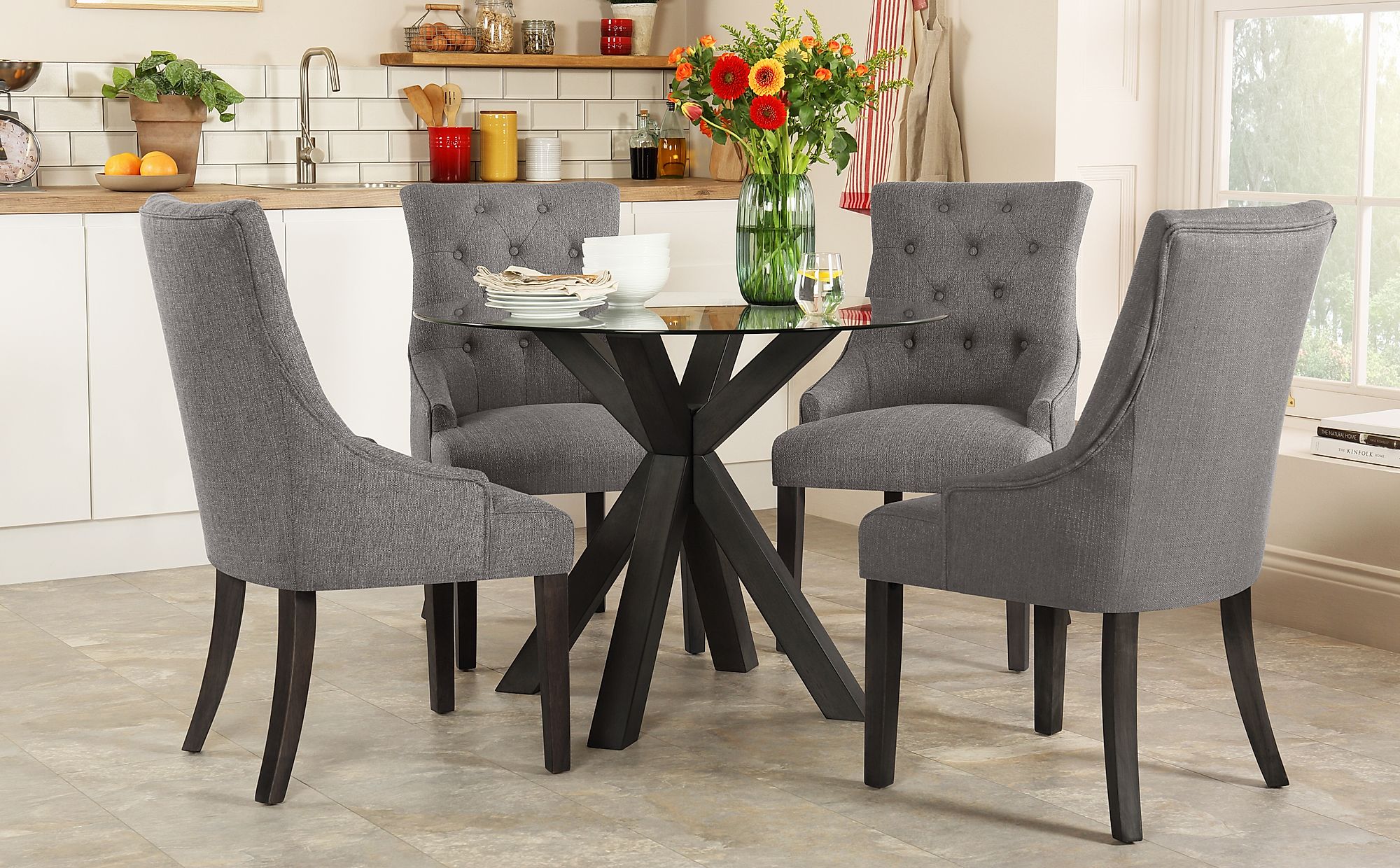 Hatton Round Grey Wood And Glass Dining Table With 4 Duke Slate Fabric Chairs Furniture Choice