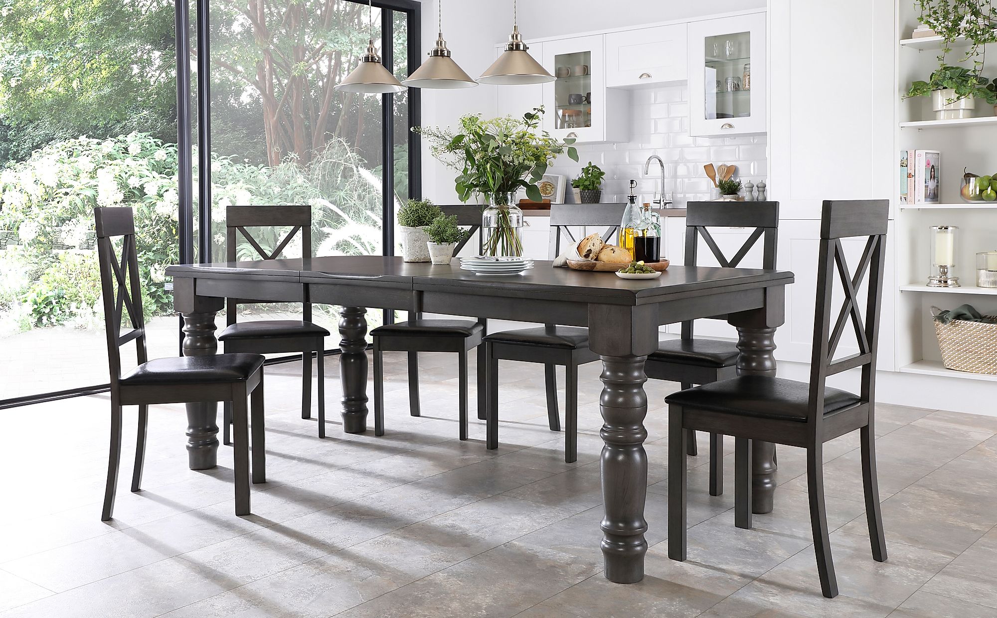 Hampshire Grey Wood Extending Dining Table with 6 Kendal Chairs (Black
