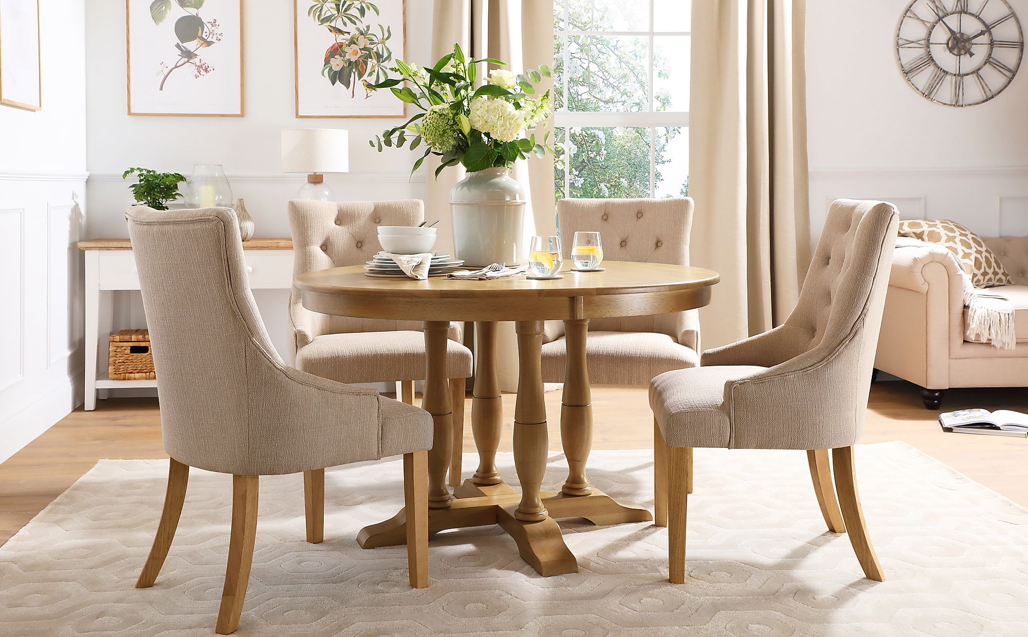 Highgrove Round Oak Wood Dining Table with 4 Duke Oatmeal Fabric Chairs ...