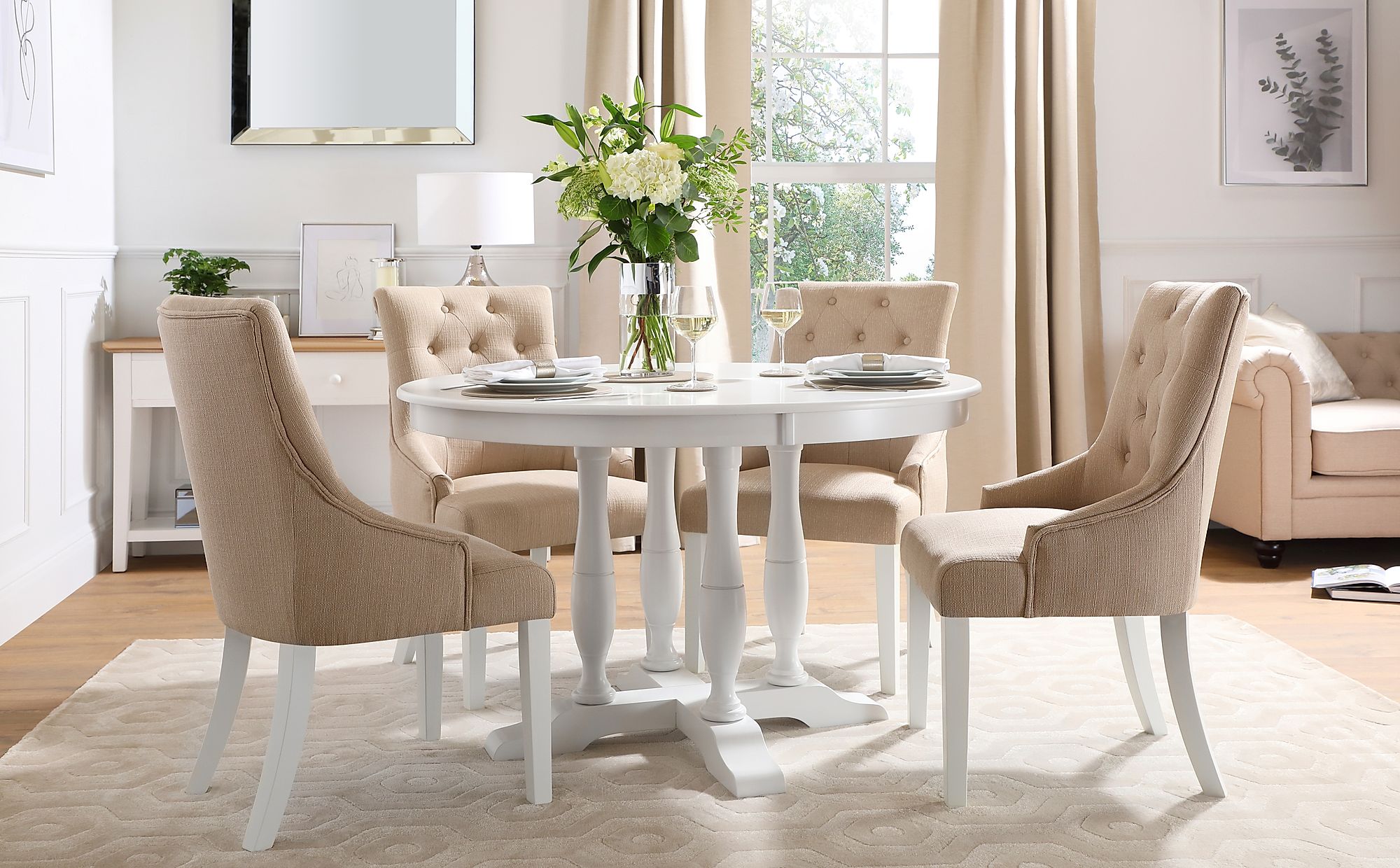 Highgrove Round White Wood Dining Table with 4 Duke Oatmeal Fabric ...