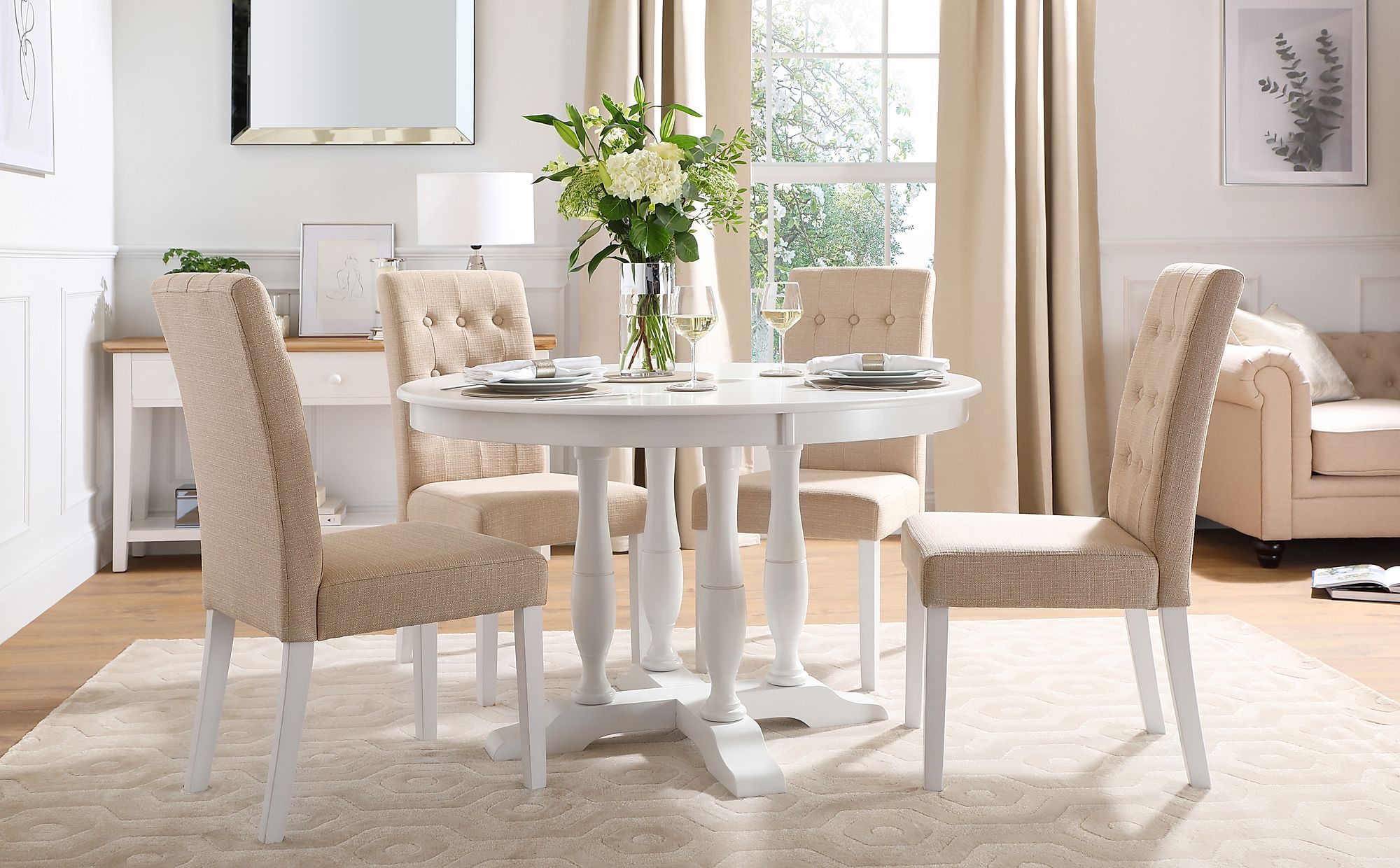 Highgrove Round White Wood Dining Table With 4 Regent Oatmeal Fabric
