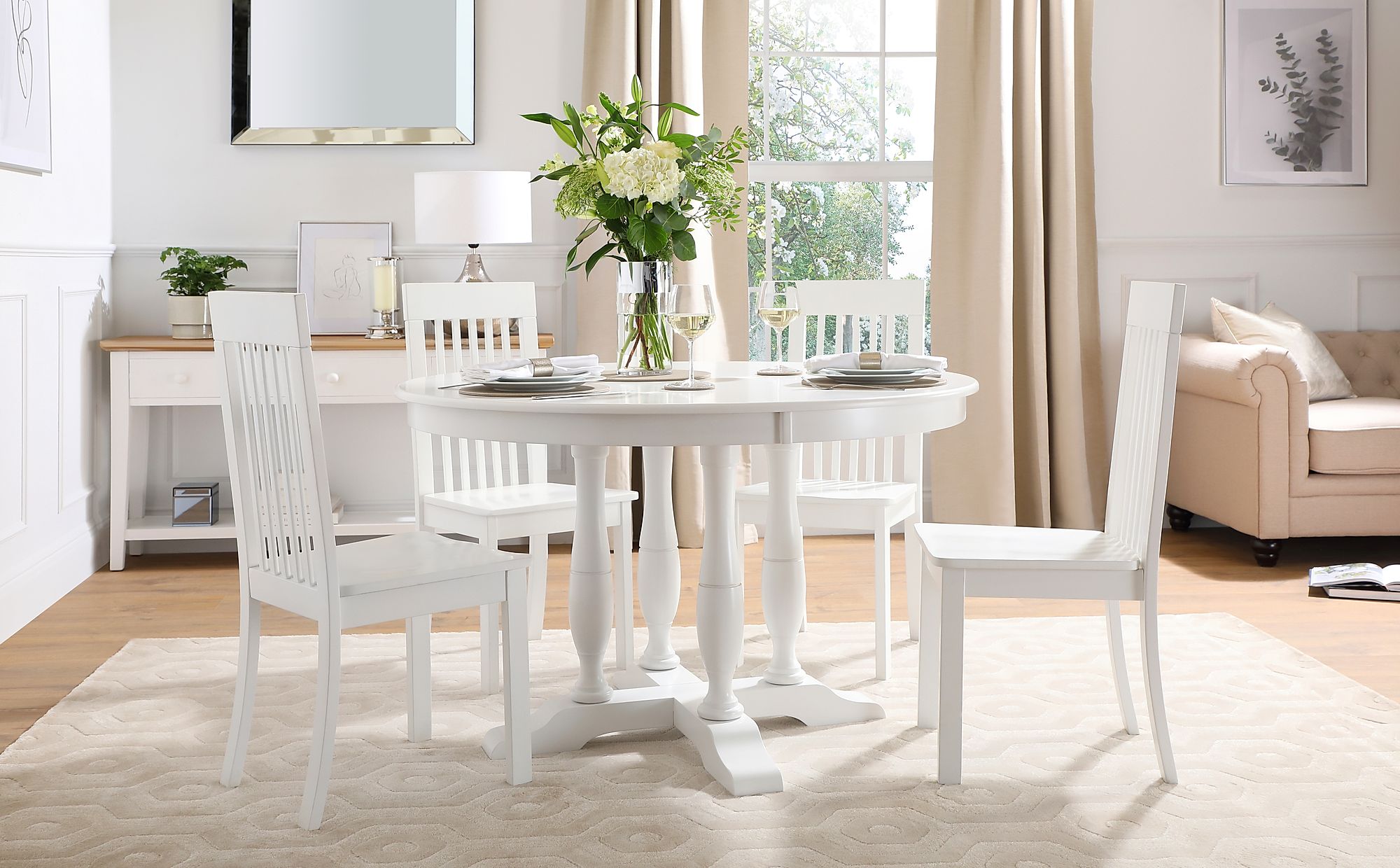 Highgrove Round White Wood Dining Table With 4 Oxford Chairs