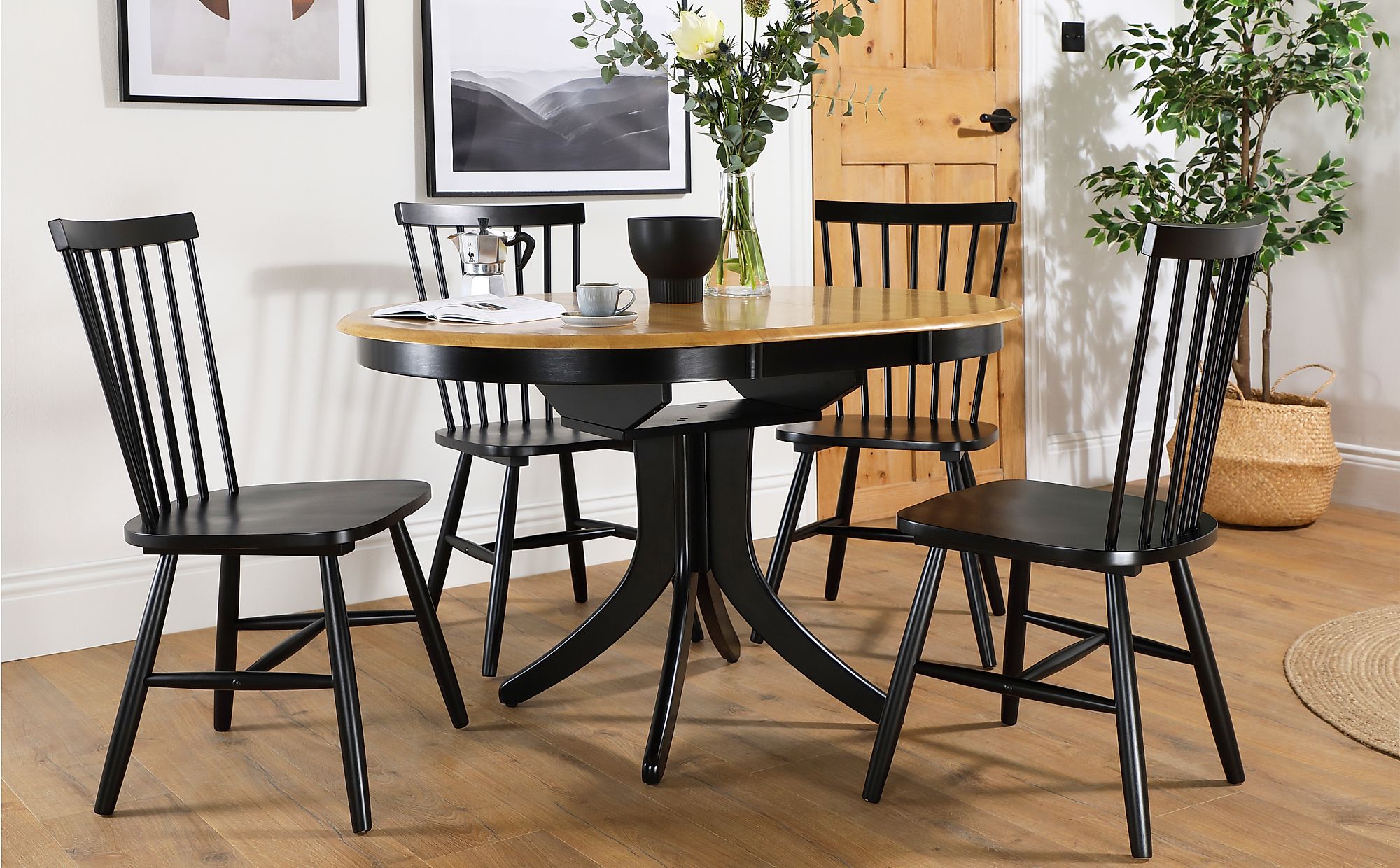 black and oak kitchen table and chair