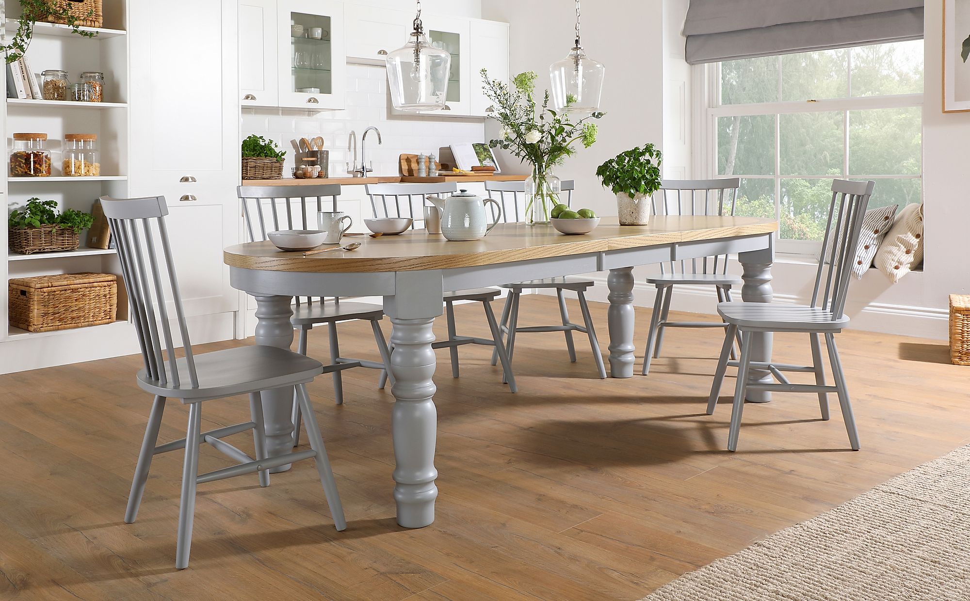 Manor Oval Painted Grey and Oak Extending Dining Table with 4 Pendle