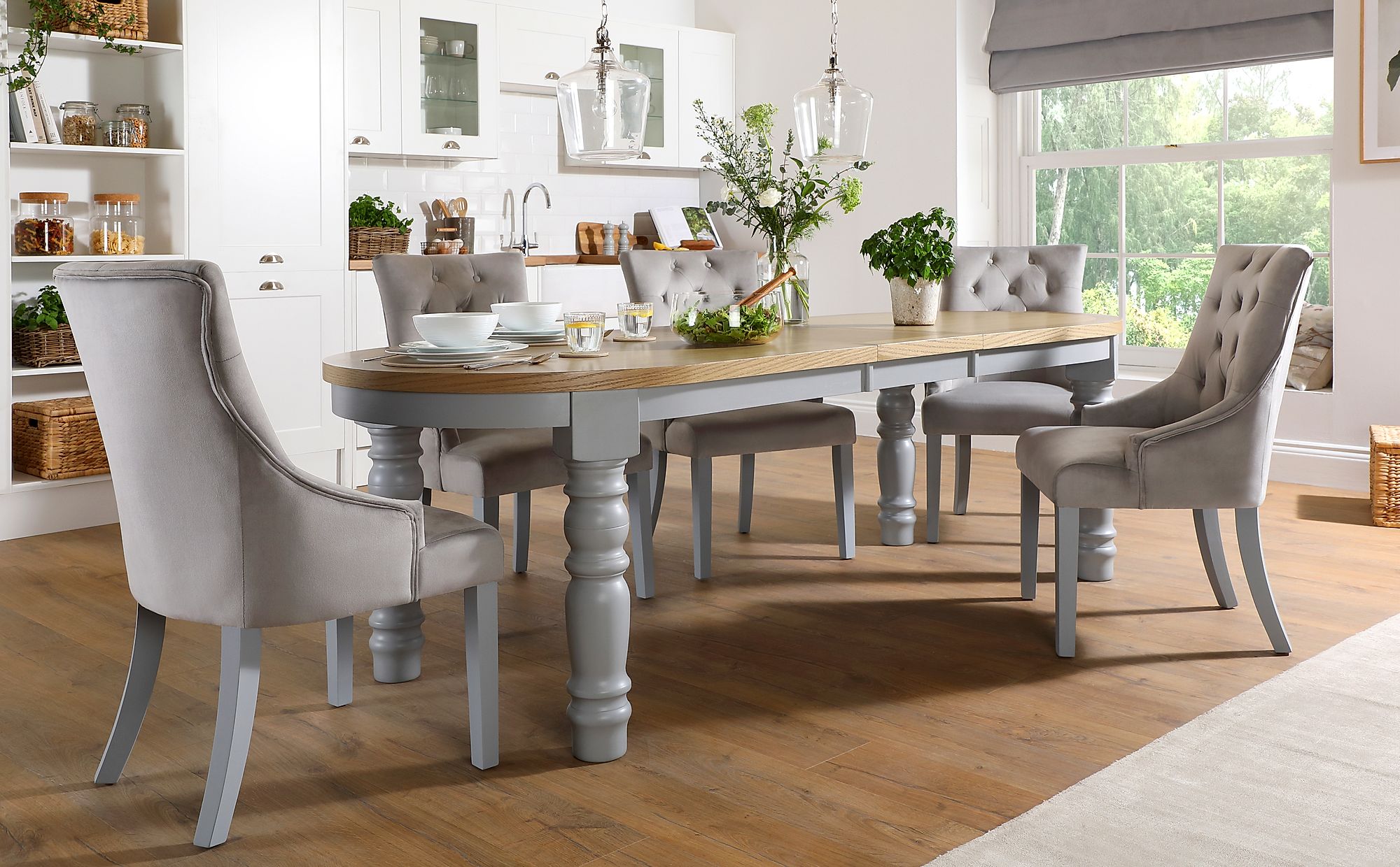 Manor Oval Painted Grey and Oak Extending Dining Table With 6 Duke Grey Velvet Chairs ...