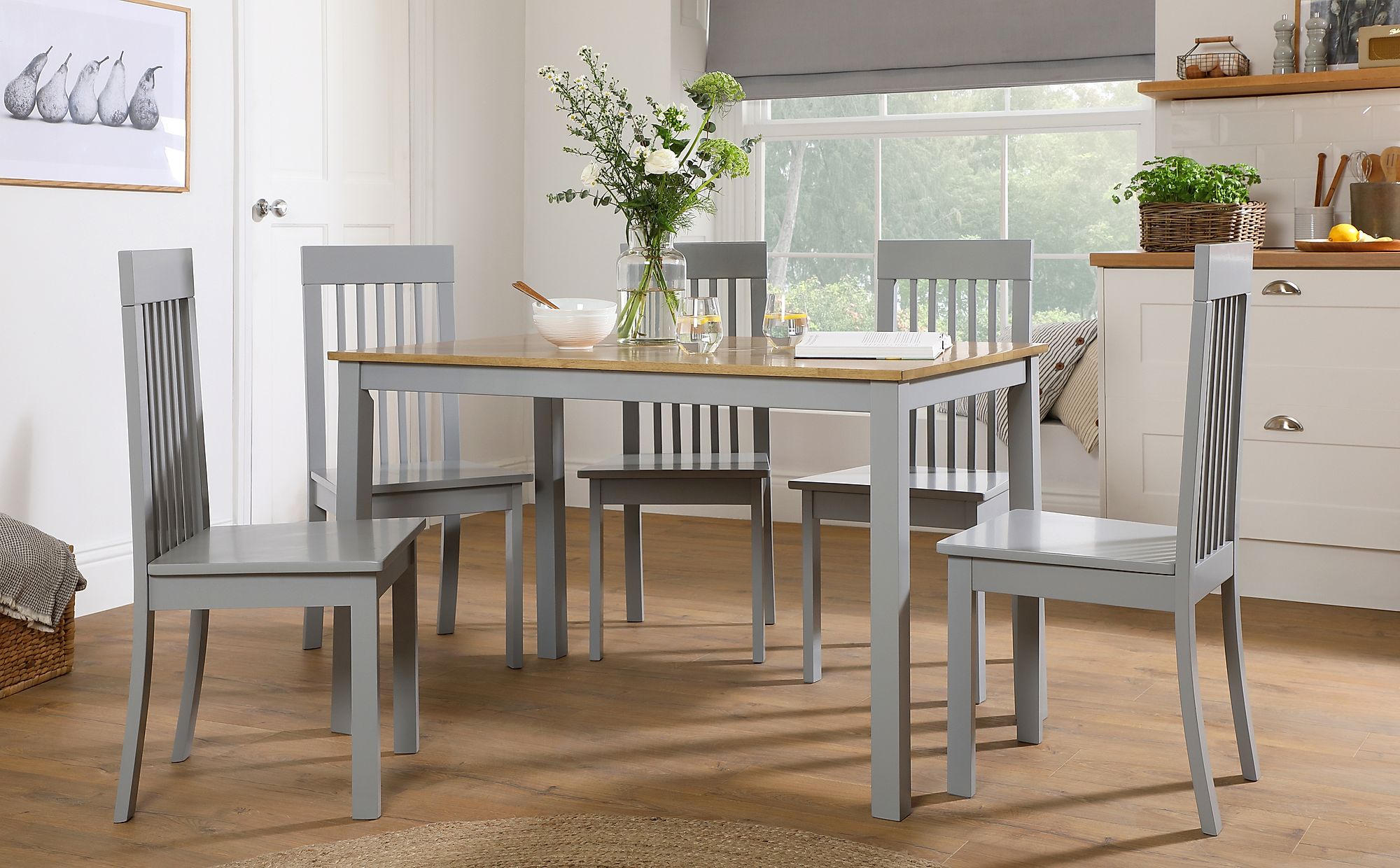 Milton Painted Grey and Oak Dining Table with 6 Oxford Grey Chairs