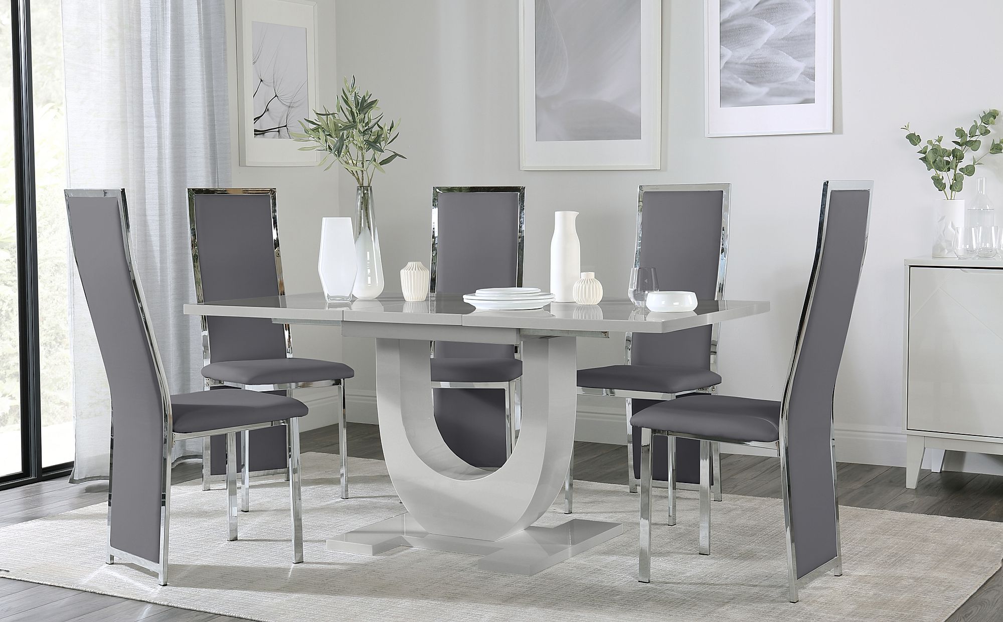 Oslo Grey High Gloss Extending Dining Table with 6 Celeste Grey Leather