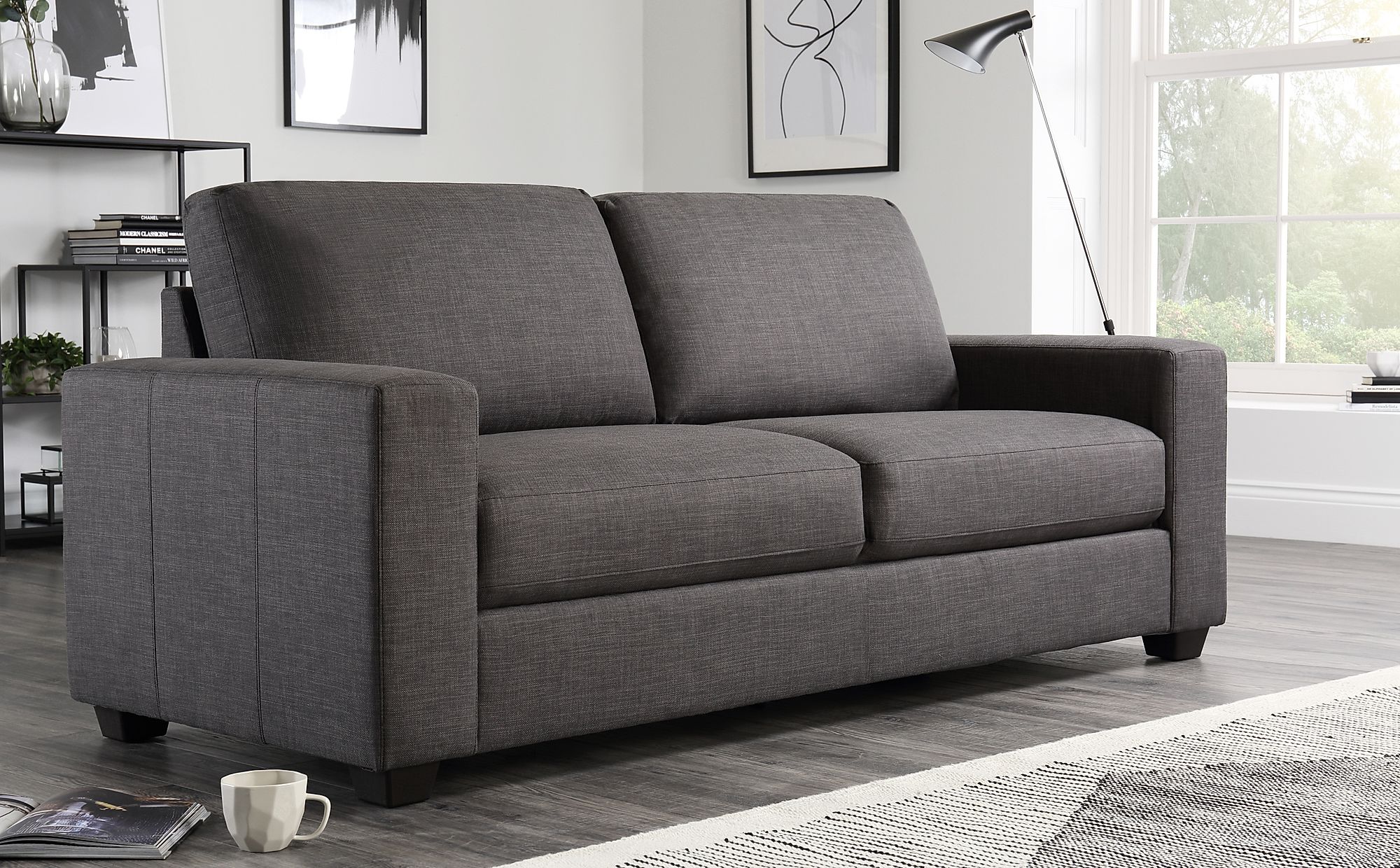 grey material sofa bed