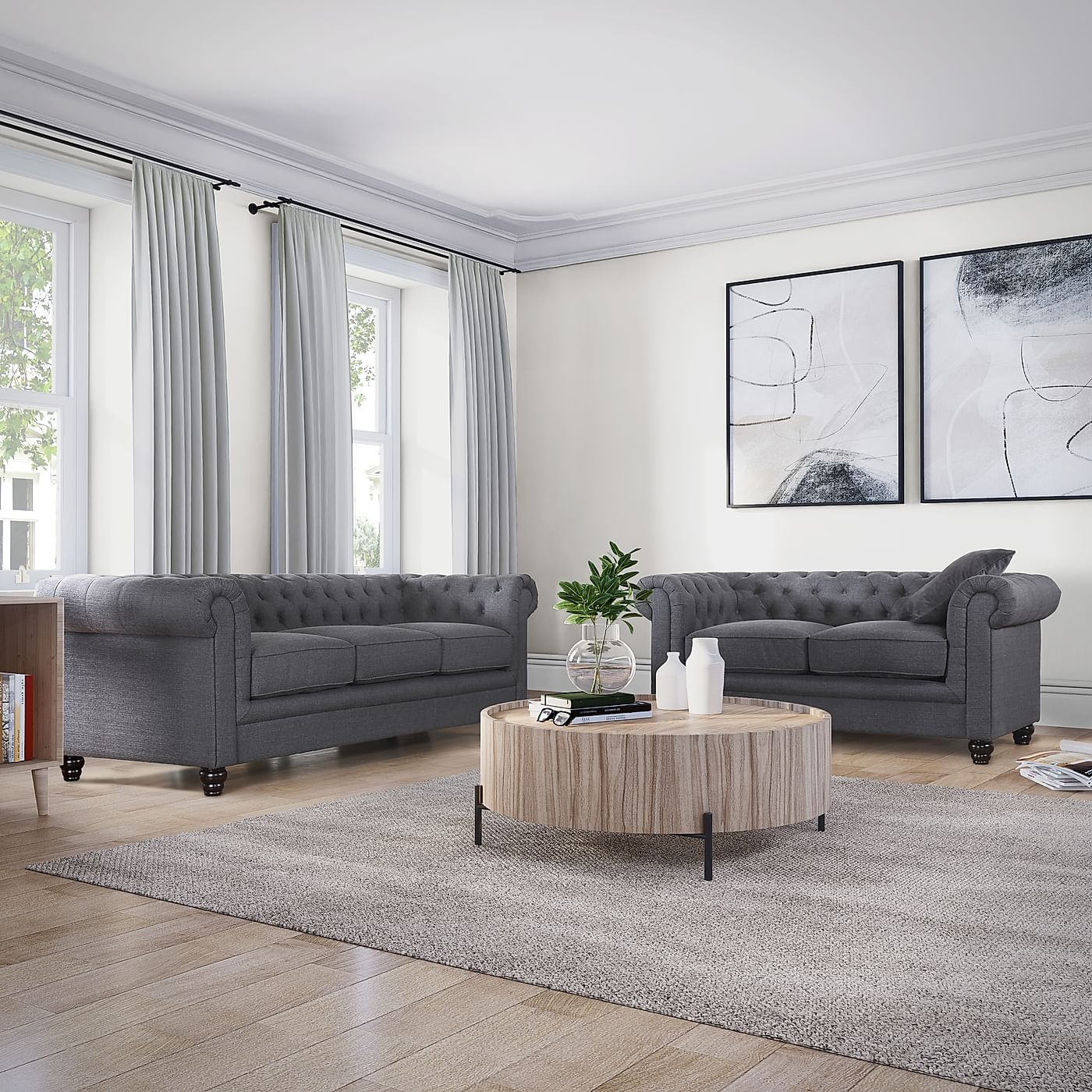 Hampton Grey Fabric 3+2 Chesterfield Seater Set | Furniture Choice