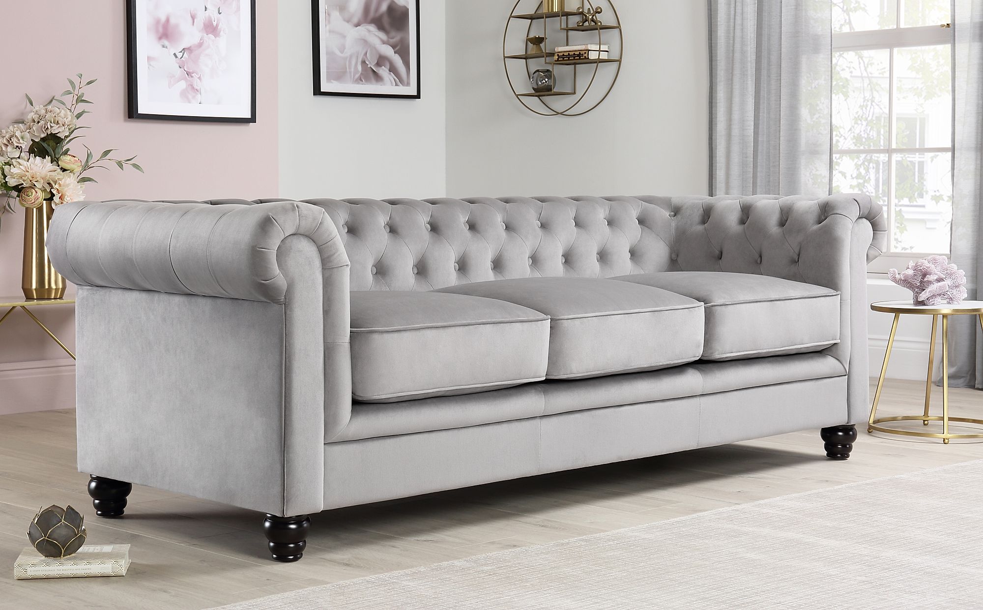 Hampton Grey Velvet 3 Seater Chesterfield Sofa | Furniture Choice