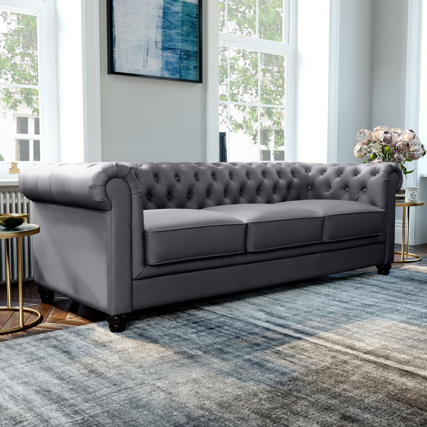 Hampton Grey Leather 3 Seater Chesterfield Sofa | Furniture Choice