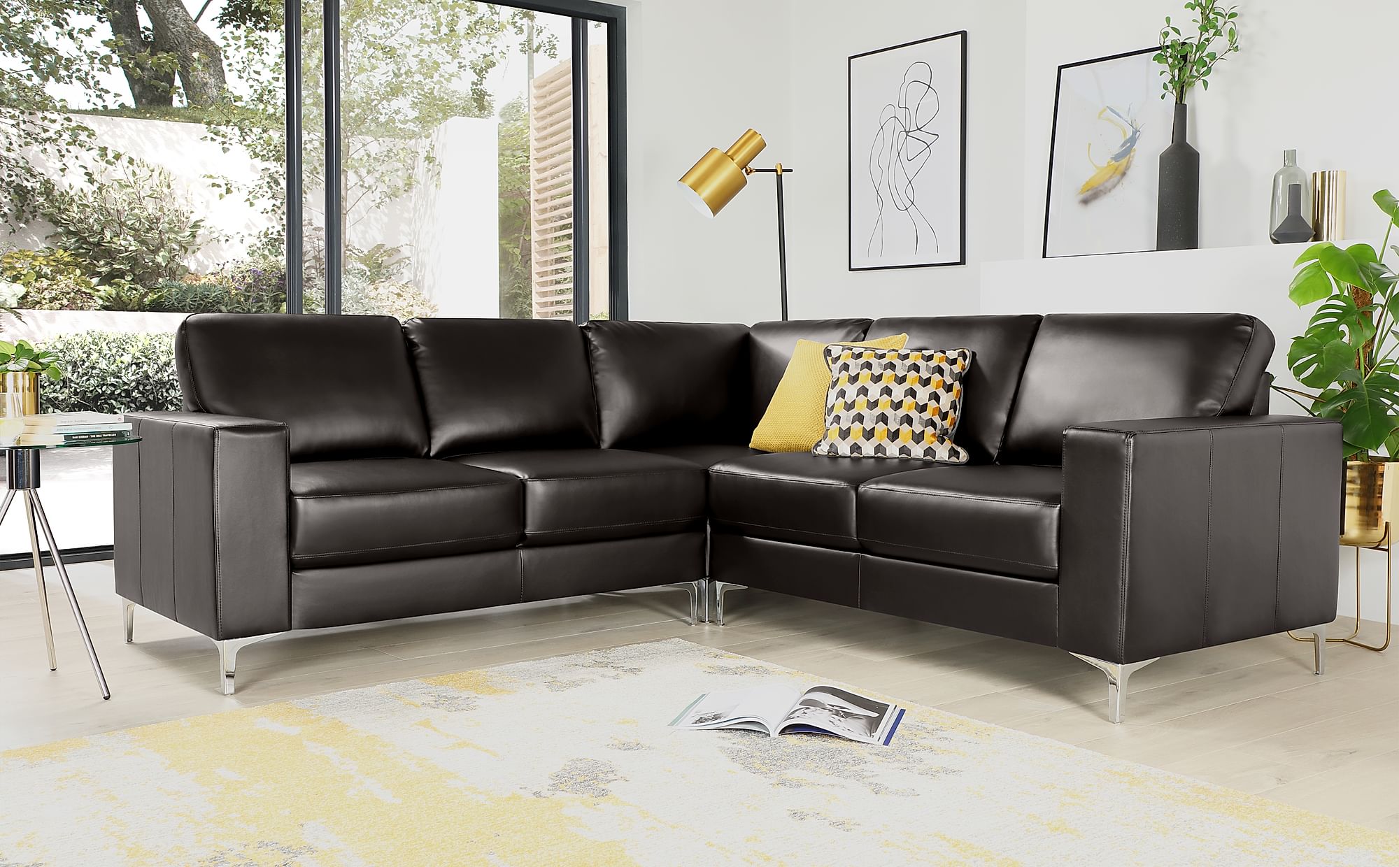 brown leather fabric corner sofa