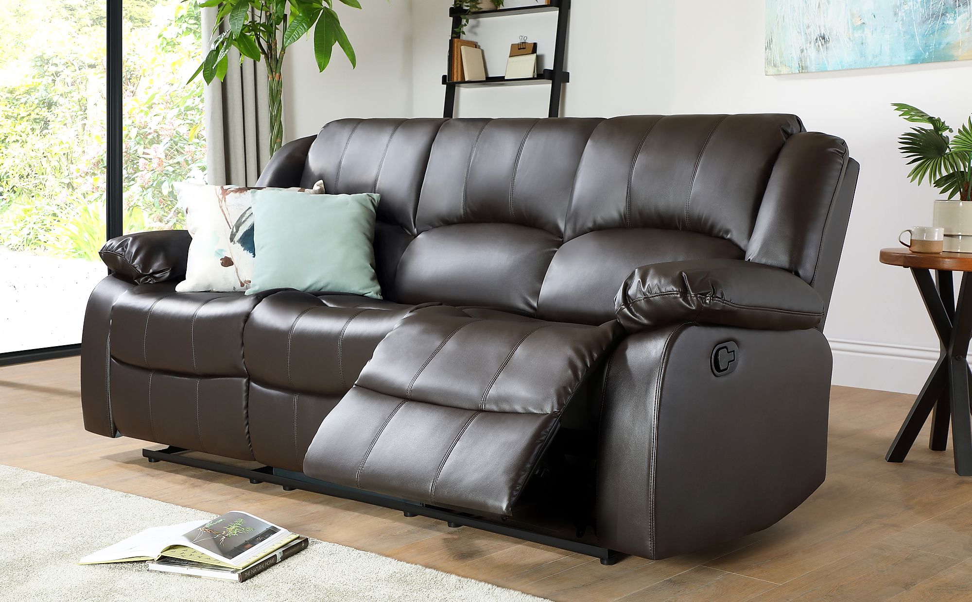 3 seater brown leather recliner sofa
