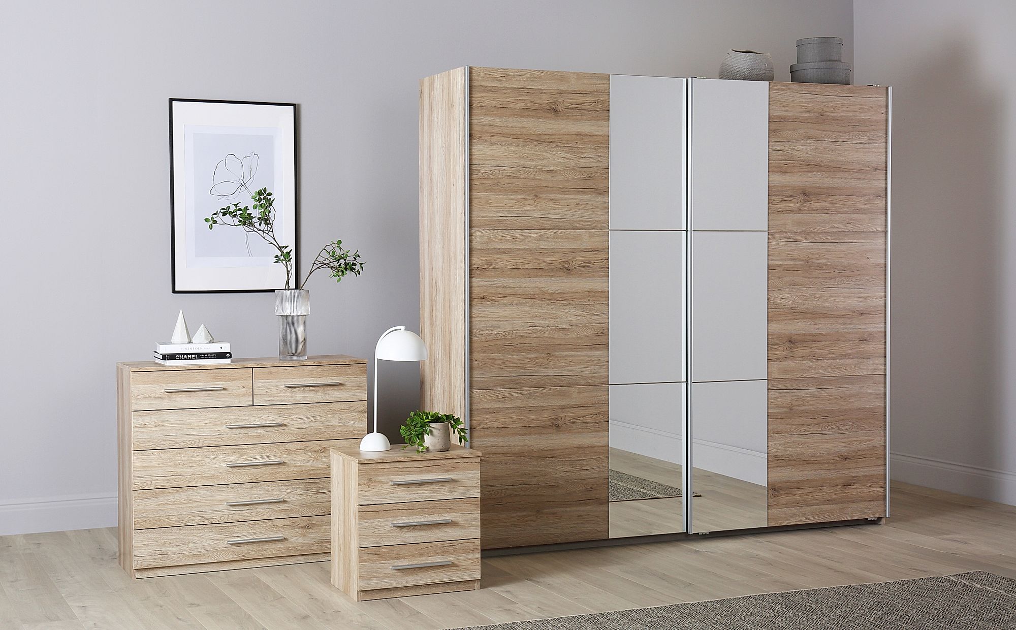 Rauch Fellbach Light Oak 2 Door Sliding Wardrobe With Mirror 218cm