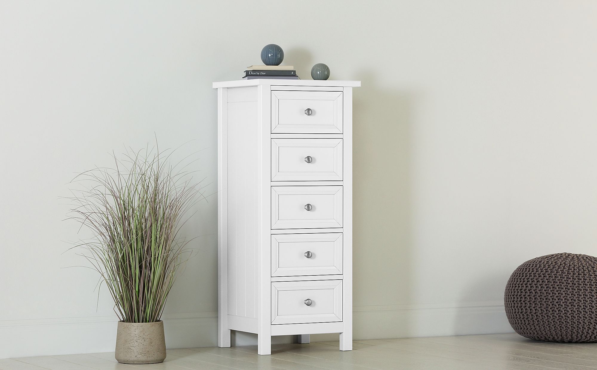 Dorset White Tall Narrow 5 Drawer Chest of Drawers Furniture Choice