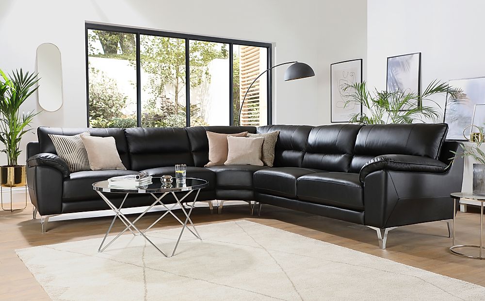 black leather sofa with silver legs