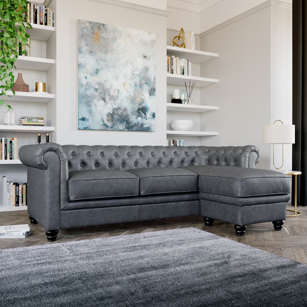 Hampton Chesterfield L Shape Corner Sofa Vintage Grey Classic Faux Leather Only £79999