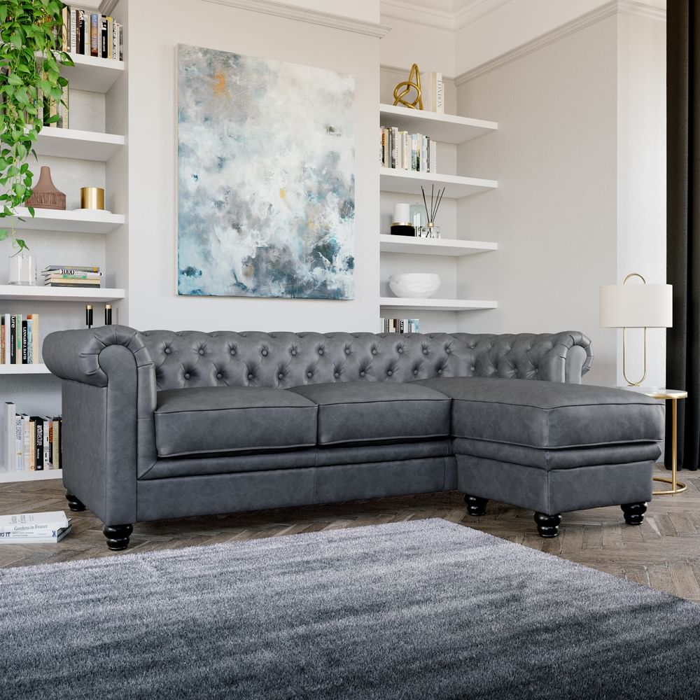 Hampton Chesterfield L-Shape Corner Sofa, Vintage Grey Premium Faux Leather