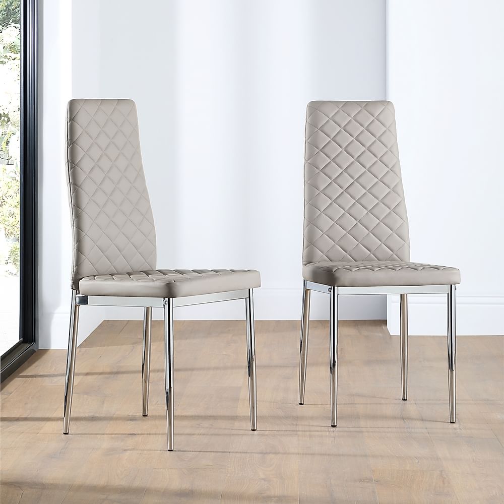 Renzo Dining Chair, Stone Grey Premium Faux Leather & Chrome