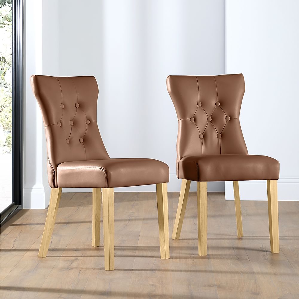 Bewley Dining Chair, Tan Premium Faux Leather & Natural Oak Finished Solid Hardwood