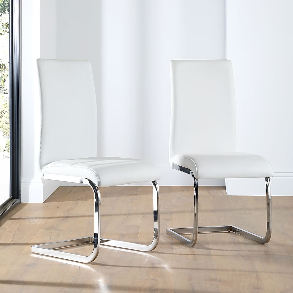 Perth Dining Chair, White Premium Faux Leather & Chrome