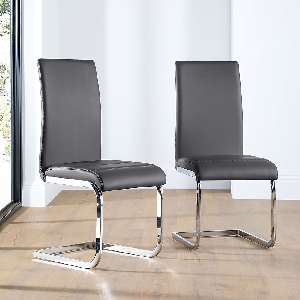 Perth Dining Chair, Grey Premium Faux Leather & Chrome