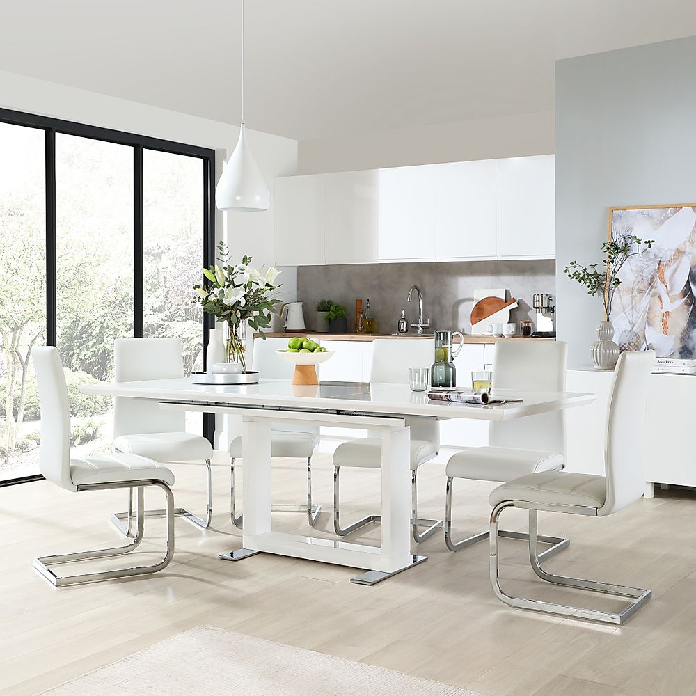 Tokyo Extending Dining Table & 4 Perth Chairs, White High Gloss, White Classic Faux Leather & Chrome, 160-220cm