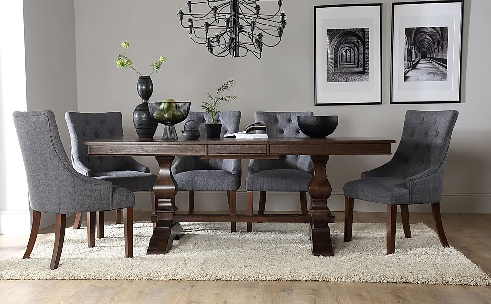 Cavendish Extending Dining Table & 4 Duke Chairs, Dark Oak Veneer & Solid Hardwood, Slate Grey Classic Linen-Weave Fabric & Dark Solid Hardwood, 160-200cm