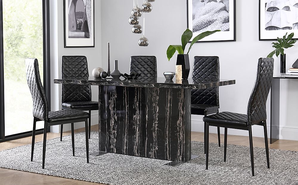 Magnus Black Marble Dining Table With 6 Renzo Black Chairs Furniture Choice