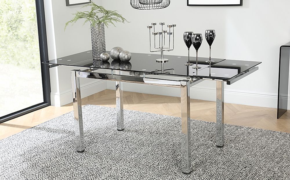 black glass table with chrome legs