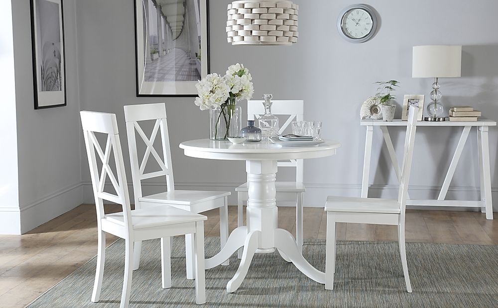 Kingston Round Dining Table And 4 Kendal Chairs White Wood 90cm Only £
