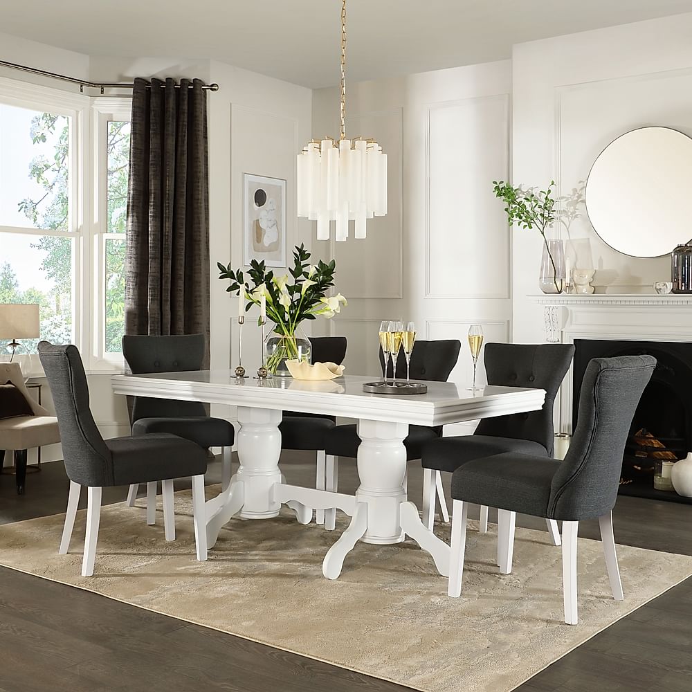 Chatsworth Extending Dining Table & 4 Bewley Chairs, White Wood, Slate Grey Classic Linen-Weave Fabric, 150-180cm