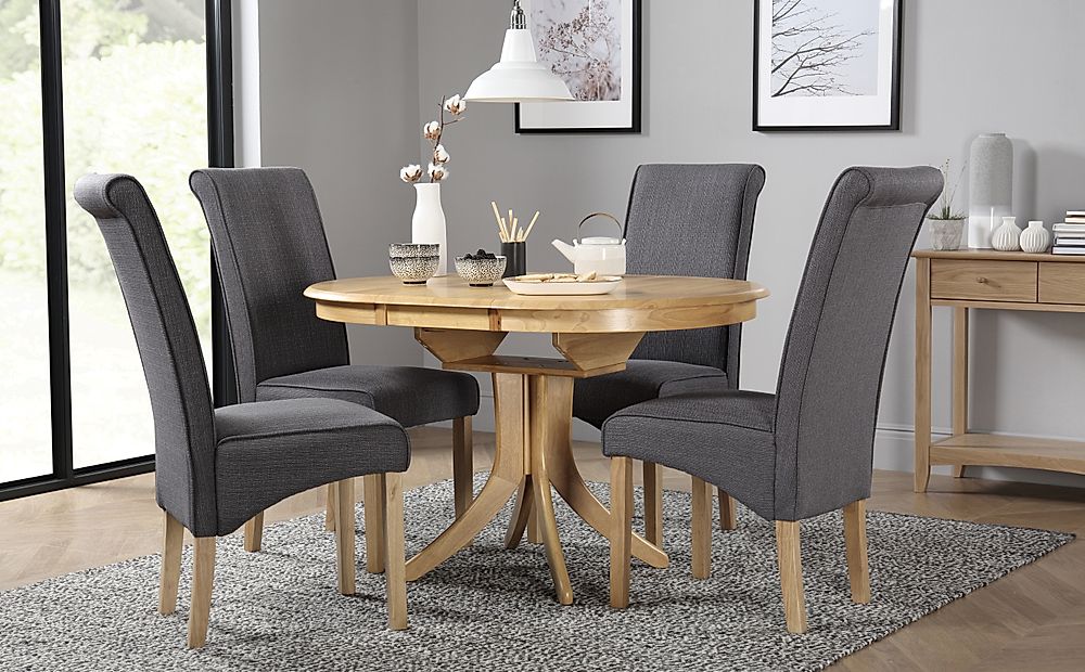 Hudson Round Oak Extending Dining Table with 4 Stamford Slate Fabric ...