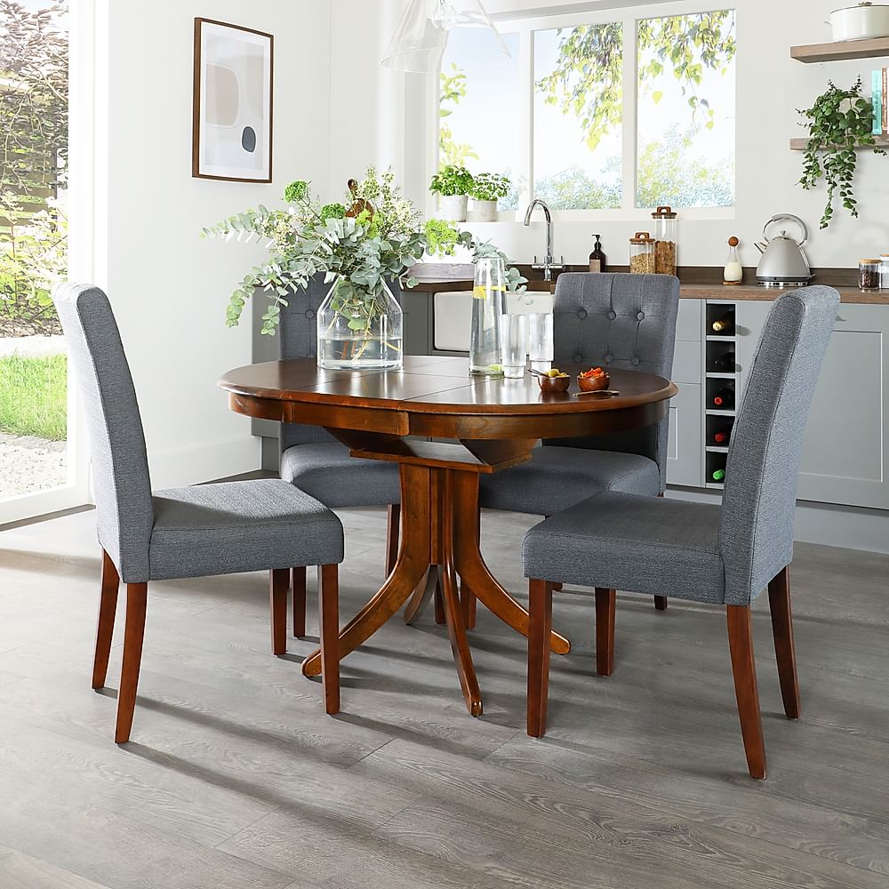 Hudson Round Extending Dining Table & 4 Regent Chairs, Dark Solid Hardwood, Slate Grey Classic Linen-Weave Fabric, 90-120cm