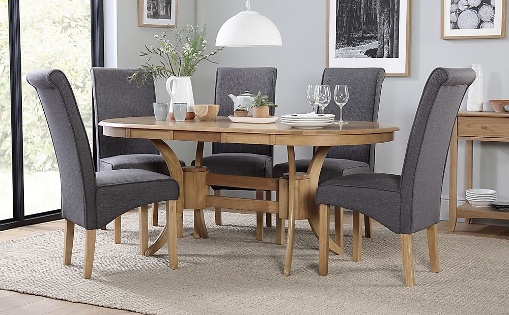 Townhouse Oval Oak Extending Dining Table with 4 Stamford Slate Fabric ...